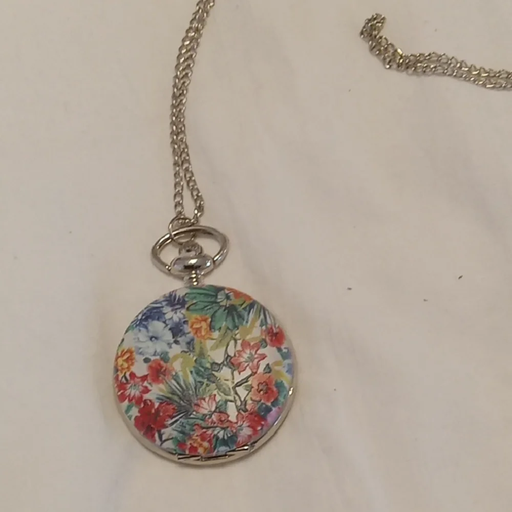 Strada Colorful Floral Pocket Watch with Silver Chain. Needs Battery - Picture 2 of 5